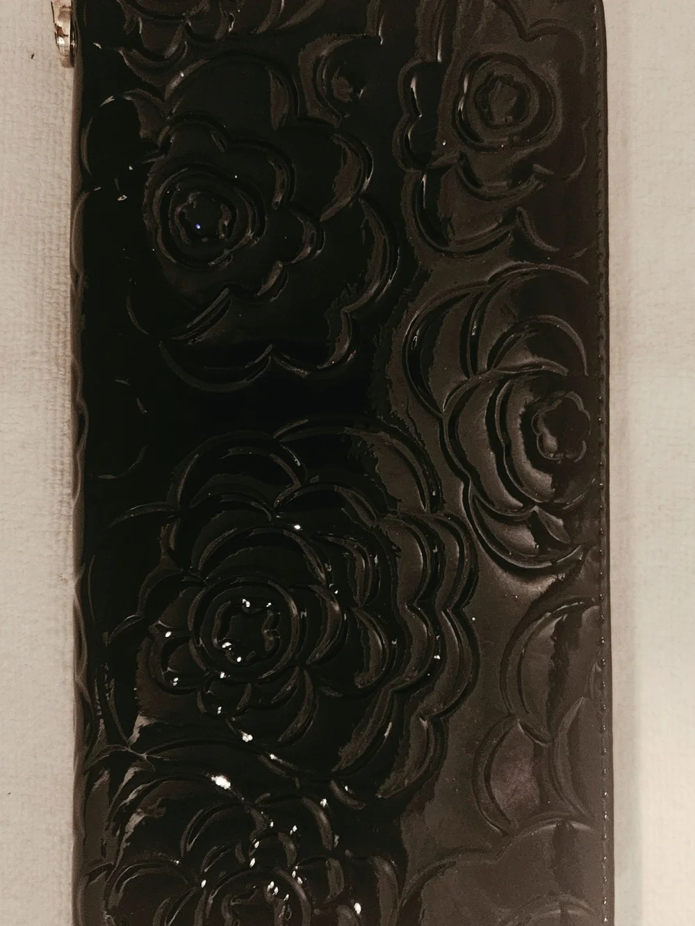 Glossy Black Floral Zip-Around Wallet